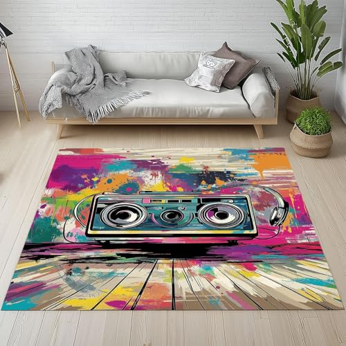 AUWUUA Vintage-Radioteppich 100 x 200 cm, moderner Abstrakter Graffiti-Teppich für Schlafzimmer und Wohnzimmer, Hip-Hop-Street-Art-Teppiche, rutschfest, waschbar, für Kinderzimmer und Homeoffice