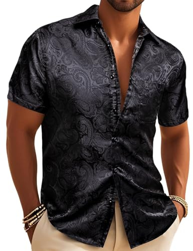 Barry.Wang Men's Silk Paisley Short Sleeve Button Down Shirts Disco Mexico | Designer Vintage Floral Jacquard,Luxury Classic 70s,Casual,Business,Button Up Fancy Dress,Lightweight,Untucked,Wedding,Party