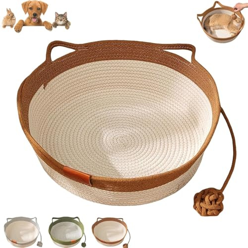 Instinct Basket, Cat Bed with Toy Tail, Cats Ear Design, Breathable All Season Universal, Handwoven Cotton Rope Enrichment Bed, Cats Bed (Brown, L)