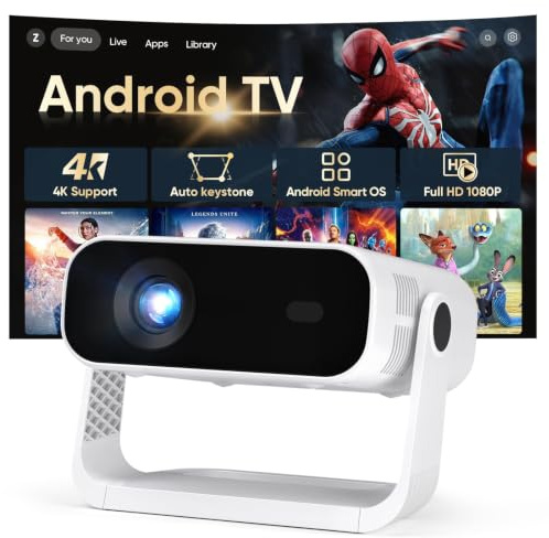 2026 New Smart Projector Built-in Apps Android 14 Native 1080P 4K Supported | WiFi 6 Bluetooth 5.2, 300 ANSI Lumens, Low Fan Noise (<30dB), Portable Mini Projector for Outdoor
