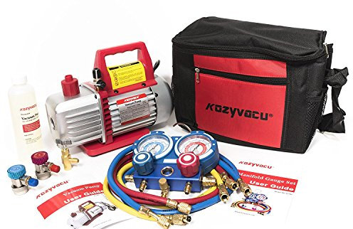 Auto AC Refrigerant Recharging Complete Tool Kit with 3.5CFM Single-Stage Rotary Vane Vacuum Pump (3.5CFM, 150Micron/29.91Hg, 1/4HP), Manifold Gauge Set, Quick Coupler and R134A Can Tap/Opener Valve