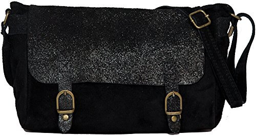 LucieElle Sac Cuir Daim Femme Bandoulière Pailletés Irisé | Besace Cuir | Sac Italien Paillettes 'Joli' (NOIR)
