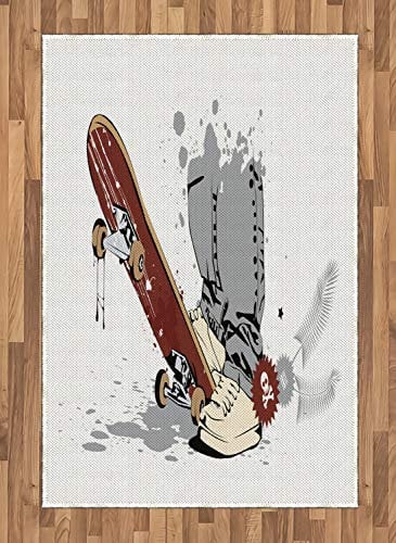 ABAKUHAUS Teen Zimmer Teppich, Skate und Turnschuhe, Flachgewebe Deko-Teppiche für das Wohn-,Schlaf-, und Essenszimmer, 120 x 180 cm, Braun Creme