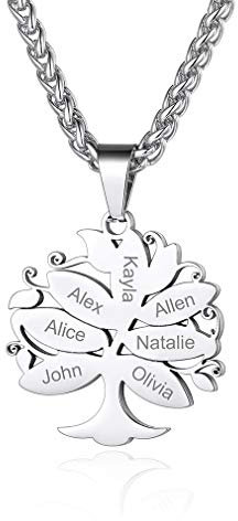 Custom4U Collier Personnalisé 7 Prénoms, Pendentif Arbre de Vie en Acier Inoxydable,Bijoux Gravé Noms de Famille,Enfants,Chaine Ajustable 55+5 cm,Cadeau Anniversaire Femme Maman,Grand Mère