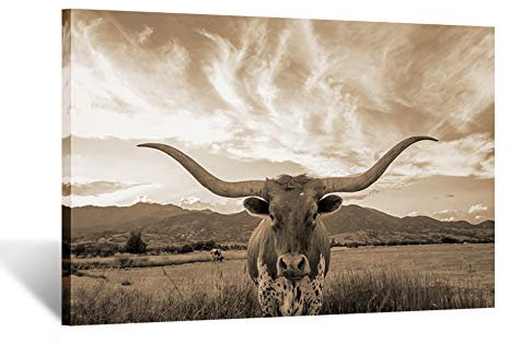 Kreative Arts Sepia Animal Leinwandbild, Hochlandrind mit langen Hörnern, Bild Texas Longhorn im Sonnenuntergang, Bauernhof, Malerei für Heimdekoration, fertig zum Aufhängen, 61 x 91.4 cm