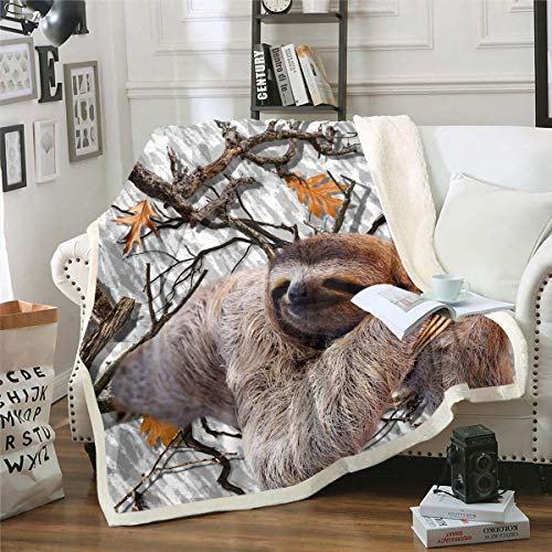 Tbrand Faultier Decke 150x200cm Woodland Botanisch Wohndecke Karikatur Braunes Faultier Kuscheldecke Grüne Blattbaumzweige Dekor Flanell Fleecedecke für Couch