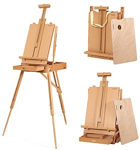 VISWIN Tragbare Plein-Air Staffelei, Faltbare Buchenholz Tisch- oder Bodenstaffelei Groß mit Schultergurt, Leinwand Ständer für Malen, Künstler, Erwachsene mit Nivellierinstrument & Skalenbein