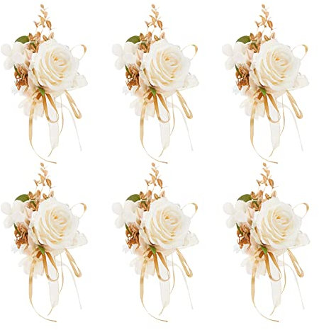 Meldel Rose Handgelenk Corsage Wristlet Band Armband für Mädchen Frauen Braut Brautjungfer 6er Set Champagner Hand Blume Hochzeit Künstliche Blumen Zubehör für Prom Party
