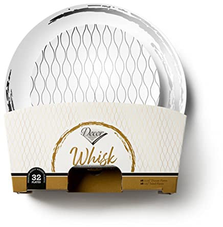 Decor Decorline - Set di stoviglie riutilizzabili da 32 pezzi/per 16 persone - Collezione Whisk - Bianco/Argento - Piatti da dessert per antipasti e piatti - 2 misure (16 x 26 cm e 16 x 19 cm)