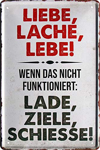 Blechschild ''Liebe, Lache, Lebe. Lade,Ziele, Schiesse'' 20x30cm Geschenk Lustige Sprüche Feier Vintage Retro Geburtstag Deko Party Überraschung Fan Waffen Gewehr Krieg Schiessen Jagt