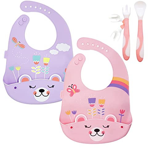 Brunoko Juego de 2 baberos de silicona + cubiertos para bebés 3 en 1 - Baberos de silicona impermeables + utensilio para niños pequeños (cuchara & tenedor bebé) - Juego de alimentación bebés sin BPA