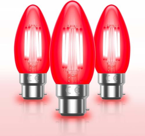 Bonlux Red Led Light Bulb Bayonet 4W C35 Candle Bulbs 40W Equivalent, B22 LED Filament Bulb Red Fireglow Bulb, Non-dimmable, Clear Glass for Electric Fireplace, Christmas Decor, Sleep Lighting- 3Pack