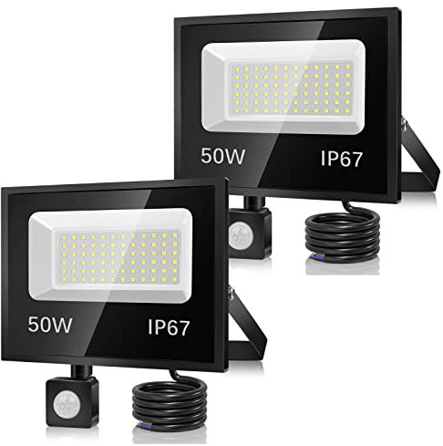 2 Stücke 50W LED Strahler mit Bewegungsmelder Außen, 5000LM 7000K LED Fluter mit Bewegungsmelder Außenstrahler Scheinwerfer, IP67 Wasserdicht LED Flutlicht für Lager, Garten, Garage, Hof, Parkplatz