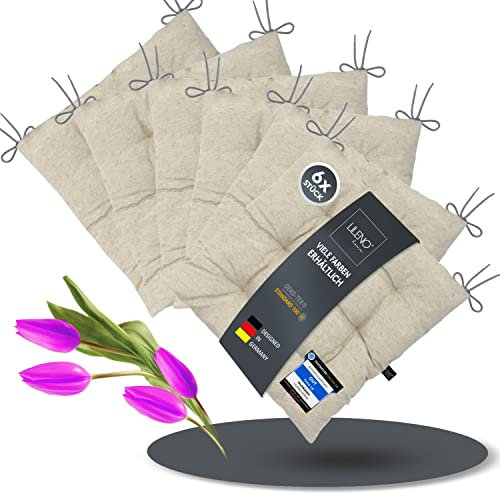 LILENO HOME 6er Set Stuhlkissen 11 Nature (40x40x6 cm) - Sitzkissen für Garten, Küche oder Esszimmer - UV-beständige Indoor u. Outdoor Stuhlauflage als Stuhl-Kissen (Linda FUM)