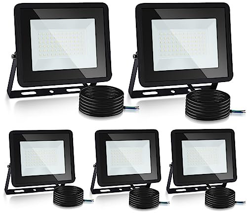 Lospitch Focos Led Exterior, 5PCS 100W IP66 Impermeable Foco Proyector LED, 8500LM Super Brillante 6000K Blanco Frío, Potente Luces Led Exterior para Terraza, Garaje (Sin Enchufe)