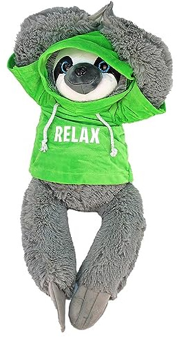 BEMIRO Faultier Kuscheltier mit Kapuze - grün Relax - ca. 60 cm, mit Pulli, Kletthände zum anhängen, Plüschtier mit Hoodie