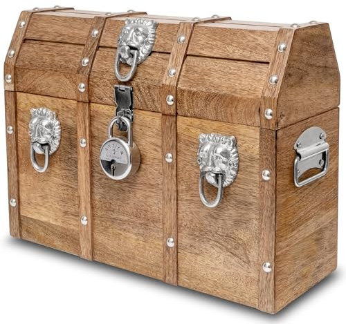 Vizayo Handmade Pirate Treasure Chest with Lock and Keys - 16 x 12 Inch Vintage Wooden Storage Trunk with Hinged Lid - Antique Storage Decorative Box Made of Strong and Durable Mango Wood (Brown)