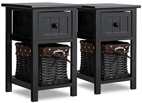 COSTWAY Bedside Table, Solid Wood Nightstand End Sofa Side Table with Drawer and Wicker Basket, Shabby Chic Slim Bedside Cabinet Accent Tea Tables for Living Room Bedroom, 28x31x45cm (2PCS, Black)