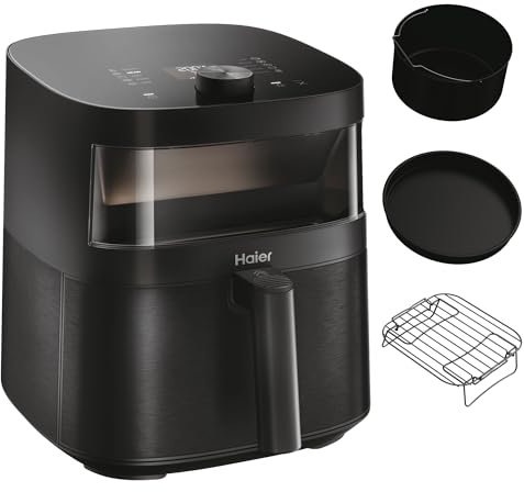 Haier Air Fryer XXL I-Master Serie 5 Friteuse Sans Huile, Capacite 7L jusqu'à 6 personnes, Fenêtre de Contrôle, Cuisson à l'Air Chaud, Décongélation, Yaourt, Noir, Avec Ensemble d’Accessoires
