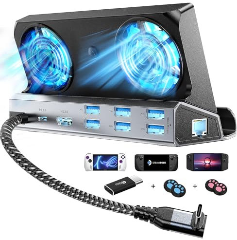 YCBUENO 9 in 1 Doppellüfter Kühlung Dockingstation Für Steam Deck mit 4K@60Hz,6 USB,1000Mbps,100W PD,40Gbps Adapter Kompatibel für Valve steam Deck | Rog Ally | Switch | Legion Go