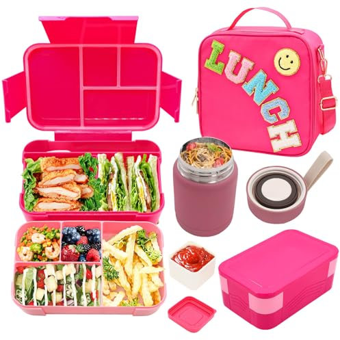 Bento Lunch Box for Kids with 10oz Thermal Flask, Leakproof Lunch Containers with 6 Compartments, Nylon Prepared Lunch Bag with Adjustable Strap for Girls,