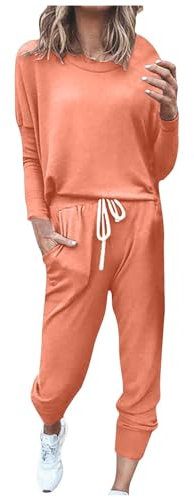 EMATOP Sportanzug Damen Casual Zweiteiler Outfit Baumwolle Langarm Sweatshirt und Lange Hose Trainingsanzug Yoga Sport Tracksuit Einfarbig Loose Freizeitanzug Jogginganzug prime angebote