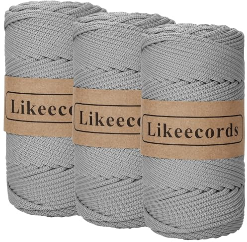 Likeecords Makramee-Schnur aus Polyester, geflochten, 4 mm, elastisches Garn zum Häkeln von Taschenschlaufen für Bastelprojekte, Pflanzenampeln, Taschen und Wohnaccessoires, 128 Meter, Grau, 3 Knäuel