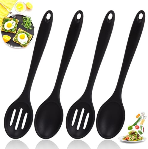 Set of 4 Silicone Cooking Spoons Black Mixing Spoons Short Handle Non-Stick Silicone Cooking Spoon Set Small Serving Spoons 20.3 cm Long Salad Spoon for Cooking Salad Yoghurt