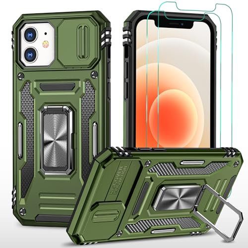 YmhxcY For iPhone 12/12 Pro Case, With [2*Screen Protector Film] 360° Rotate Metal Stand,Sturdy Case[Military Grade] For iPhone 12/12 Pro-Olive Green