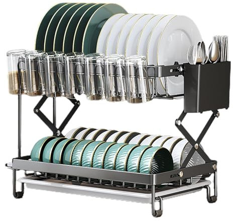 Escurridor de platos de 2 niveles, escurridor de utensilios, escurridor plegable para encimera de cocina, organizador de escurridor de platos de gran capacidad con soporte para utensilios