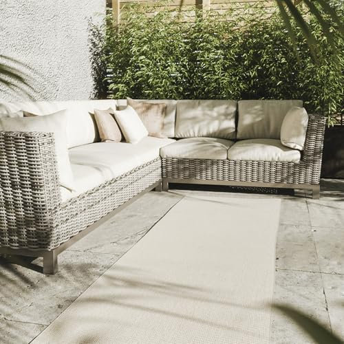 Interiyou Outdoor Teppich Wetterfest Asti - Läufer 80x300 cm Creme - Jute Optik - Wasserfest für Balkon, Terrasse, Garten - Outdoorteppich passend auch für Wohnzimmer, Schlafzimmer und Küche