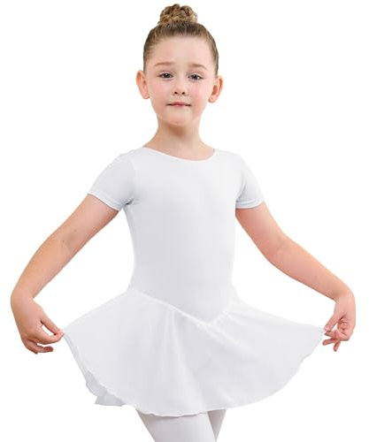 BALAYSIER Ballettkleidung Mädchen Ballettkleid Kurzarm Balletttrikot Baumwolle Tanzkleid Tanzbody Mit Chiffon Rock Tütü(Weiß, 110)