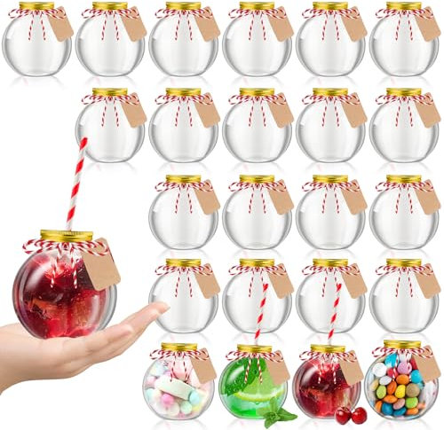 Yaomiao 24 Pcs 10 oz Christmas Ornament Cups for Drink Plastic Clear Fish Bowl with Lids and Straws Spherical Bulb Bottles Bulk for Holiday Cocktails Candy Gift Carnival Party Decorations