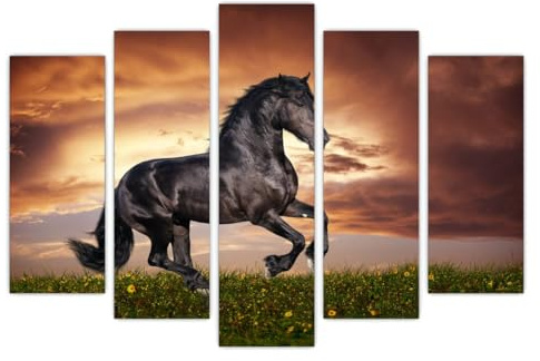 AREDE 5er Set Wandkunst Gemälde Bild Poster Schwarzes Pferd bei Sonnenuntergang | 120 x 80 cm | Wandbilder Wanddekoration Home Office Wohnzimmer Schlafzimmer Dekoration | Fertig zum Aufhängen