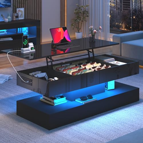 47.2 Large Lift Top Coffee Table,Modern High Glossy LED Coffee Tables for Living Room with Storage,Black Living Room Tables for Living Rooms,Dining Room,Bedroom Home Office,APP LED Lights(Black)
