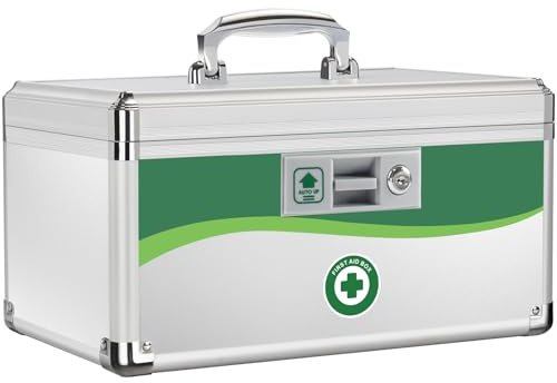 ZORVIDSON Lockable Medicine Box, Medication Storage with Key Lock, Portable First Aid Safe Empty Box, Layered Aluminum Daily Medicine Organiser for Home 14 * 8.46 * 7.48 Inch (Large - 14inch)