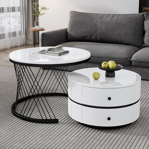 Couchtisch Rund 2er Set mit PVC Marmormuster Tischplatte und Metallrahmen, Beistelltisch-Set Satztische 2er Set, Kaffeetisch Sofatisch mit 2 Schublade für Wohnzimmer Schlafzimmer (Weiß+schwarz -75Z)
