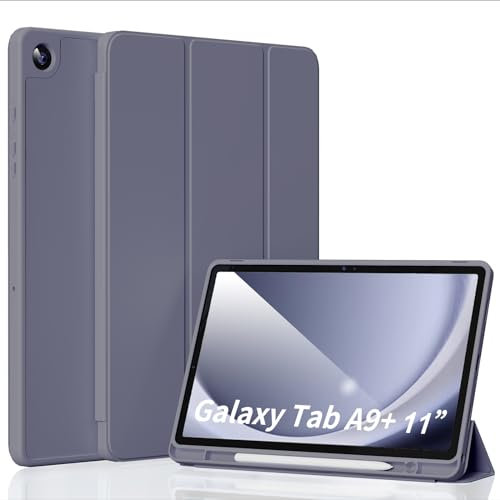SZPSGC Hülle für Samsung Galaxy Tab A9+/A9 Plus 2023 （SM-X210/X216/X218 11 Zoll, Komplett neues PU-Leder Dreifach Falt Klapp Schutzhülle mit Dual Winkel Stand Funktion (Lila Grau)