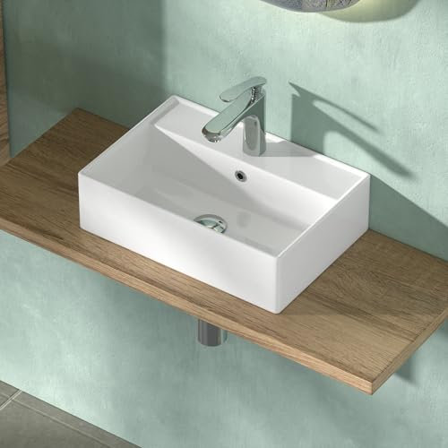 CASAMO Lavabo petit lavabo en céramique – Lavabo à poser – Lavabo suspendu carré – Lavabo d'invités – Blanc 45 x 31 x 13 cm