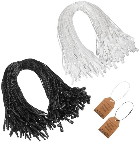 Photect 200 Polyester Schnur für Hängeetiketten Einwege Polyester Schnur mit Schnappverschluss zum Anbringen von Etiketten und Sicherheit Etiketten Befestigung Haken Schnur für Produkt(Weiß,Schwarz)
