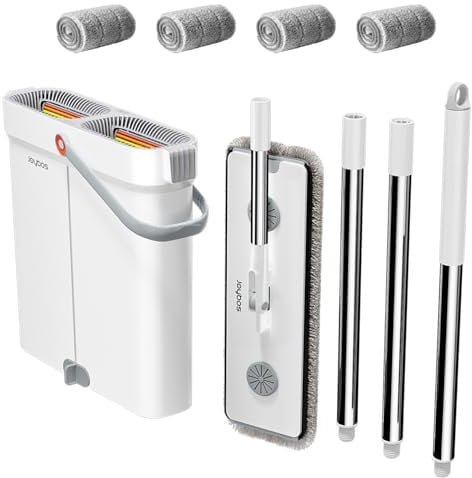 CTIME 15.74“Mop and Bucket with Wringer Set for Home : Hands-Free Flat Floor Mop Bucket Wet Dry Use Floor Cleaning System for All Floor Types and Windows-4 Pads