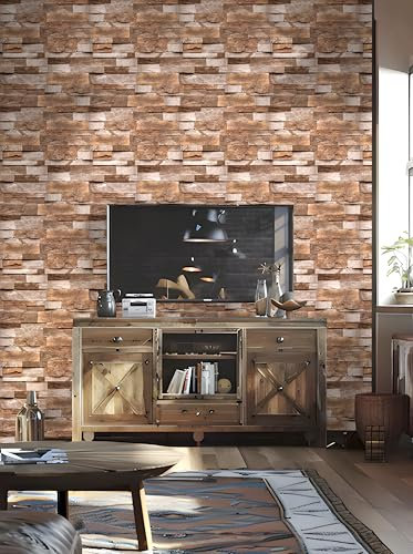 ICYEHAO Stein Tapete Ziegel Vinyl Tapete Braun,44.5 x 1000cm Selbstklebende Tapete Braun Ziegel Selbstklebende Tapete Möbelfolie Selbstklebend für Küche Badezimmer Wohnzimmer Schlafzimmer