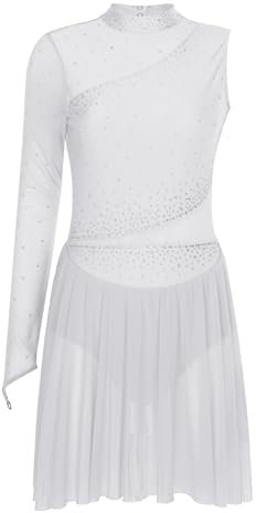 Freebily Damen Eiskunstlauf Kleid Glitzer Tanzkleid Trikot Asymmetrisch-Langarm Mit Mesh-Patchwork Rollkunstlauf Gymnastik Tanzkostüm Weiß S