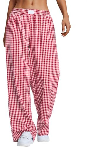 Rapbin Pantalon de pyjama pour femme - Long été 2025 - Coton - À carreaux - Doux - Avec poches, Rouge vichy, XL