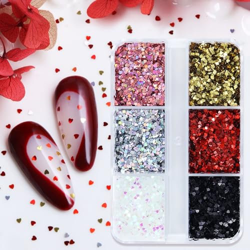 GZMAYUEN Paillettes per unghie, 6 colori, rosso, oro, argento, rosa, mini cuori per decorazioni unghie