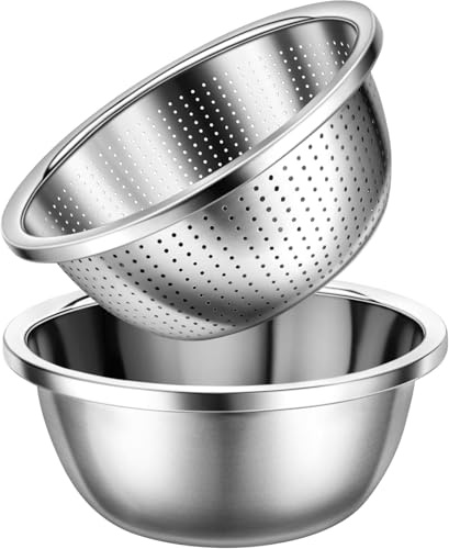 YC Kitchen Sieb Edelstahl, 22 cm mit Rührschüsseln (2 Sstück) | Sieb für Küchennahrung zum Waschen von Nudeln, Obst, Gemüse, Spülmaschinenfest