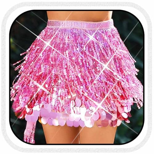 Atigy Rosa Paillettenrock funkelnder Bauchtanzrock mit Fransen Meerjungfrauen Kostümröcke für Frauen (DE/NL/SE/PL, Alphanumerisch, Einheitsgröße, Regular, Regular, Rosa)
