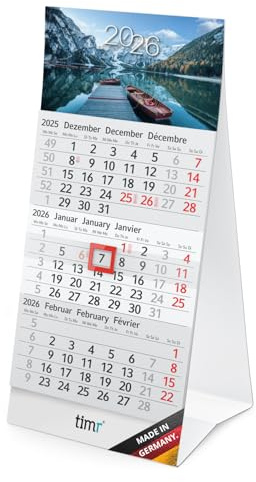 Timr Tischkalender 2026 klein zum Aufstellen - Berge - tr360 | 3 Monatskalender, dreisprachig (DE, EN, FR), mit Schieber, Kalender für Schreibtisch Büro Homeoffice, mit Motiv ohne Werbung
