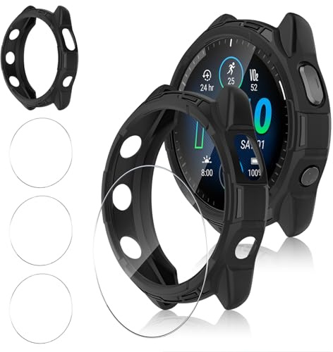Funrae Coque [avec Protection Écran *3 ] Compatible avec Garmin Forerunner 965, 9H HD Protection Écran en Verre Trempé et Anti-Rayures Case Protecteur -Noir