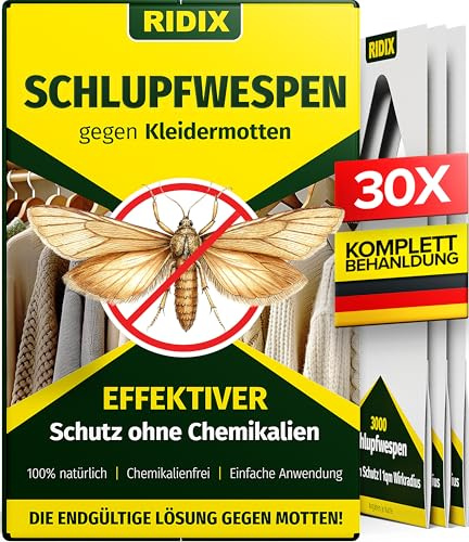 Ridix® Schlupfwespen gegen Kleidermotten [5 Lieferungen mit je 6 Karten = 30 Karten] - Schlupfwespen gegen Motten als biologische Lösung frei von Chemie - Schlupfwespen Kleidermotten
